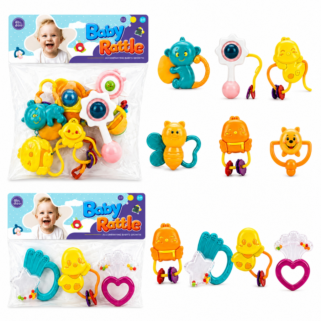 Kit Chocalho e Mordedor para Bebê 4 ou 6 Peças Coloridas Brinquedo Infantil Sensorial Silicone Macio
