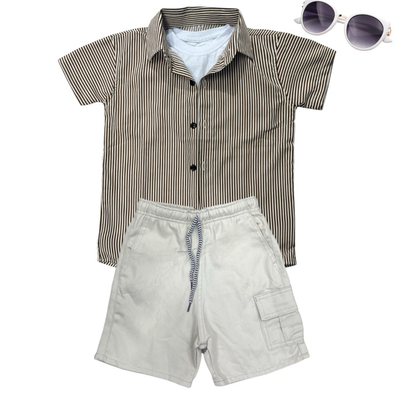 Conjunto Infantil Masculino – Camisa Social Listrada Marrom + Bermuda Cargo Bege S.M