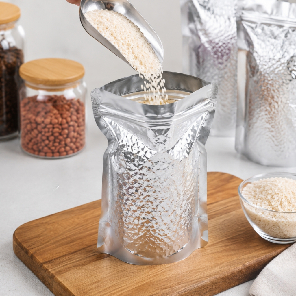Sacos Mylar 240 Micras Embalagem Saco Stand Up Metalizado Para Alimentos Secos Conservação Longo Prazo Grãos Camping