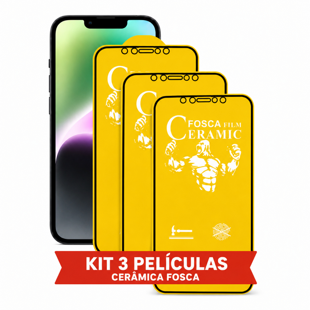 Kit 3 Películas Cerâmica Fosca IPhone 17 16 15 14 13 12 11 XR Xs 7 Plus 3D Flexivel Todos IPhones