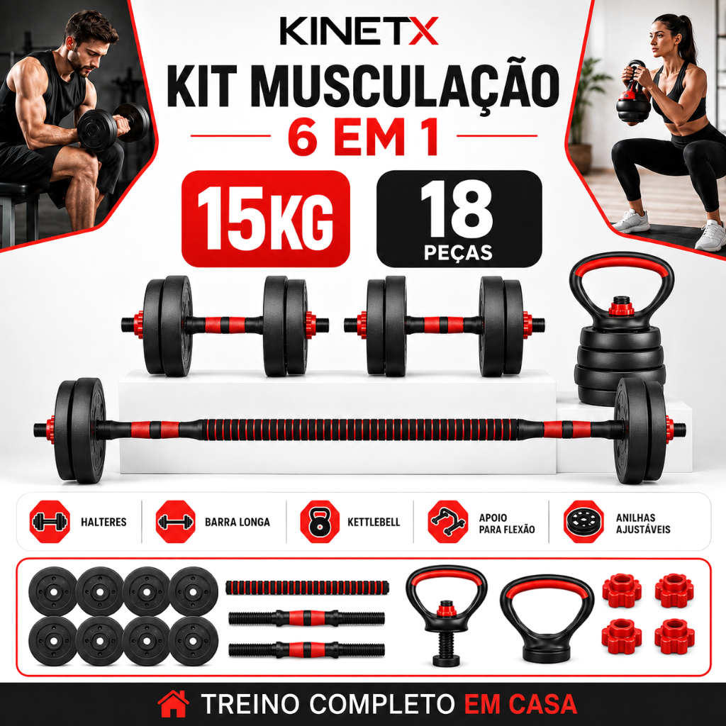 Kit Halteres 15kg 6 em 1 com Barra Longa Kettlebell Ajustáveis