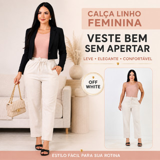 Calça Linho Premium Cintura Elástica Confortável Elegante