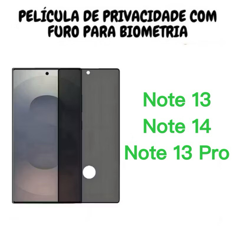 Película de vidro 3D Privacidade COM FURO Anti Spy Para Redmi Note 14 13 Pro 4g 