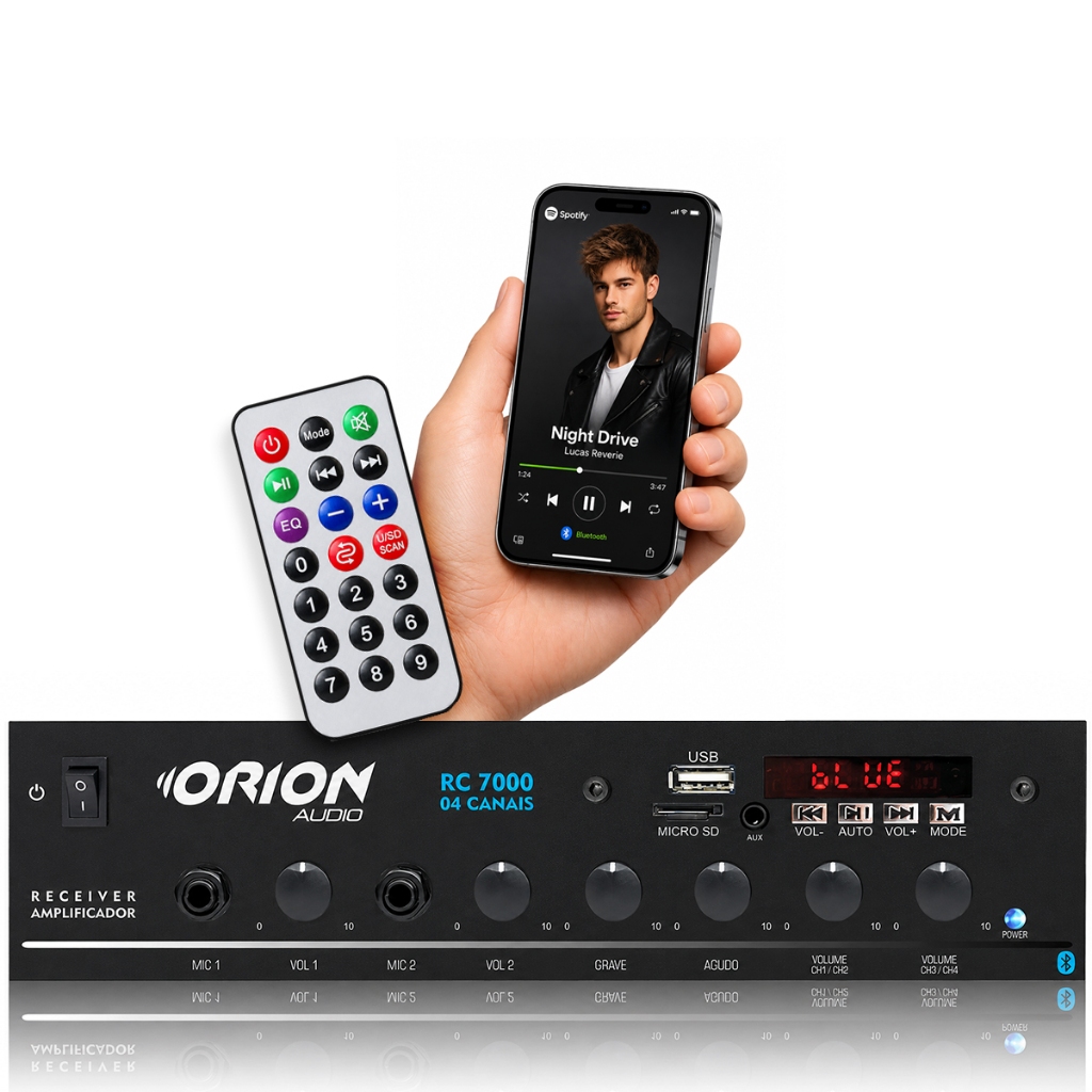 Receiver Amplificador Bluetooth 4 Canais 500W USB SD FM Bivolt com Controle