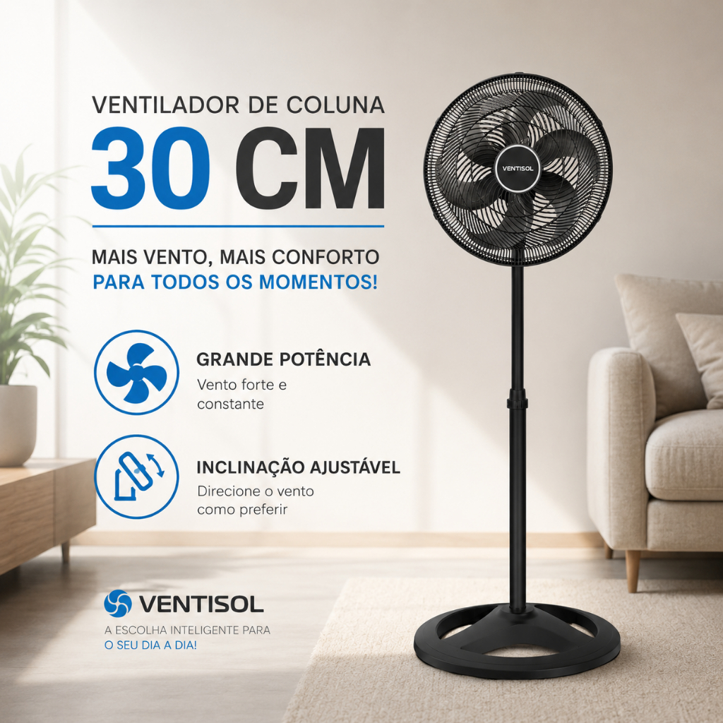 Ventilador de Coluna Grande Silencioso Ventisol Ventilador Oscilante 30cm Turbo