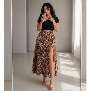 Saia Longa Feminina Estampa de Onça Plus Size Viscose Cintura Alta Elástica Tamanhos GG G1 G2 G3