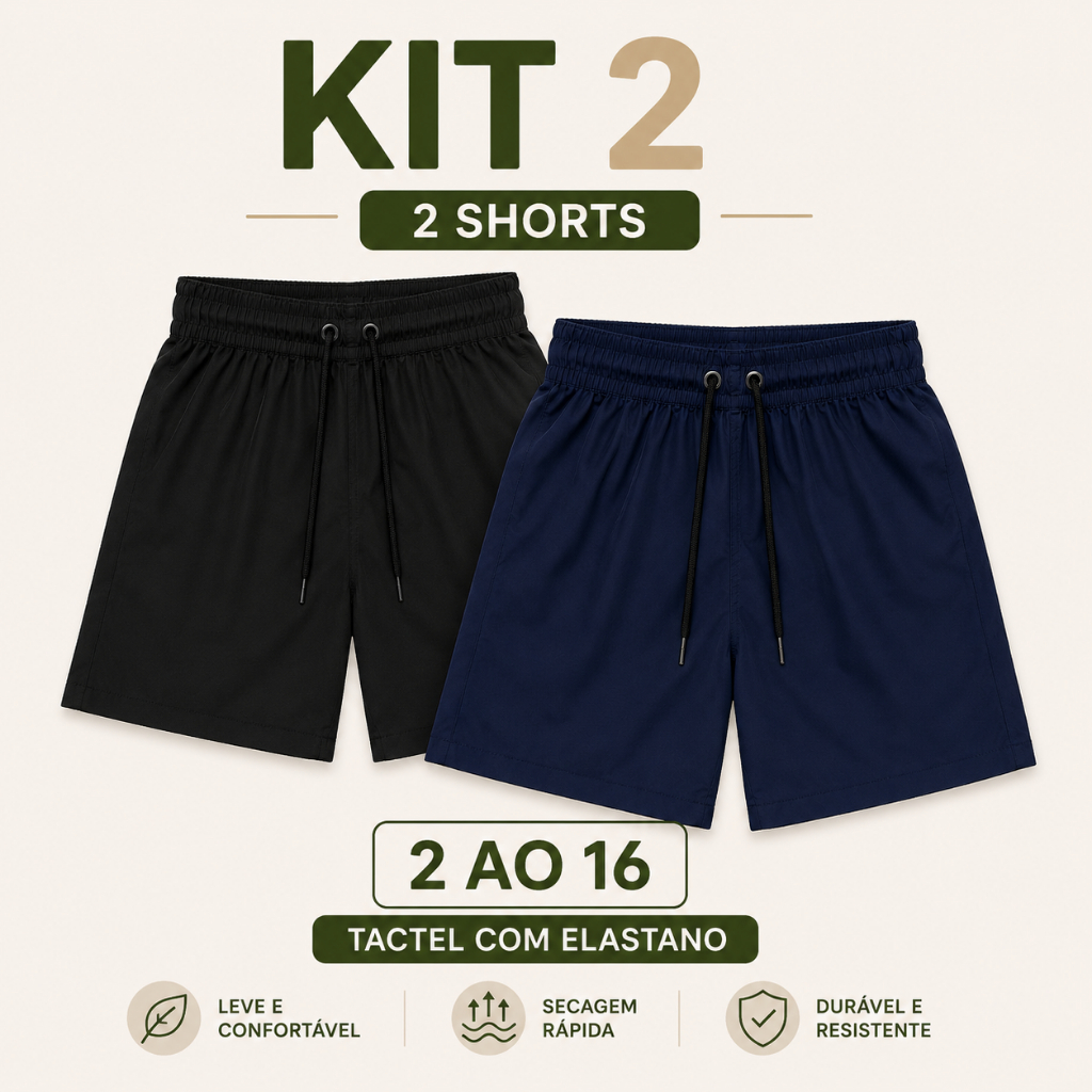 Kit 2 Bermuda Infantil Masculina Tactel com Elastano Leve Confortável Tam 2 ao 16