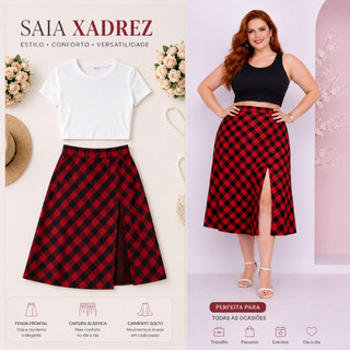Saia Feminina Xadrez Vermelha Midí em Viscose Cintura Elástica Plus Size Estilosa Elegante Festa Roupa Feminina