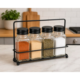 Porta Condimentos com Suporte 4 Potes de Vidro 90ml HOMELAND – Organizador de Temperos