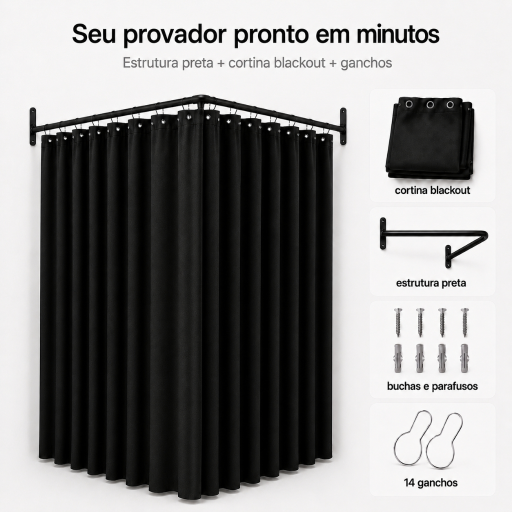 Provador de Canto em L Metal Extra Reforçado 92x92cm com Cortina Blackout 2,80x2,10m Trocador para Loja de Roupas