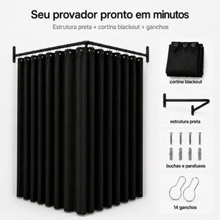 Provador de Canto em L Metal Extra Reforçado 92x92cm com Cortina Blackout 2,80x2,10m Trocador para Loja de Roupas