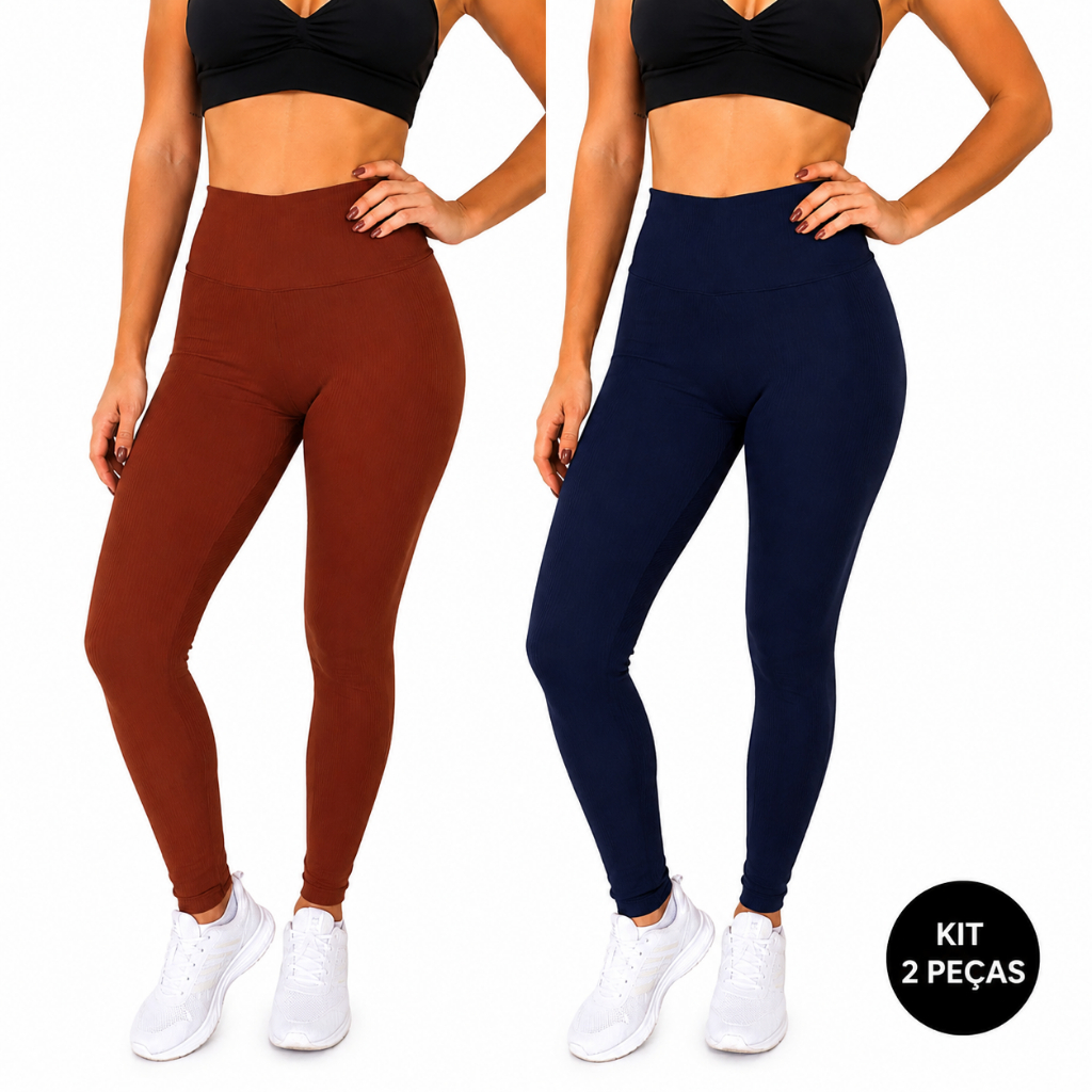 Kit 2 Legging Feminina Canelada Sem Costura Poliamida Premium Sem Transparência Cintura Alta p/ Academia e Treino Fitnes