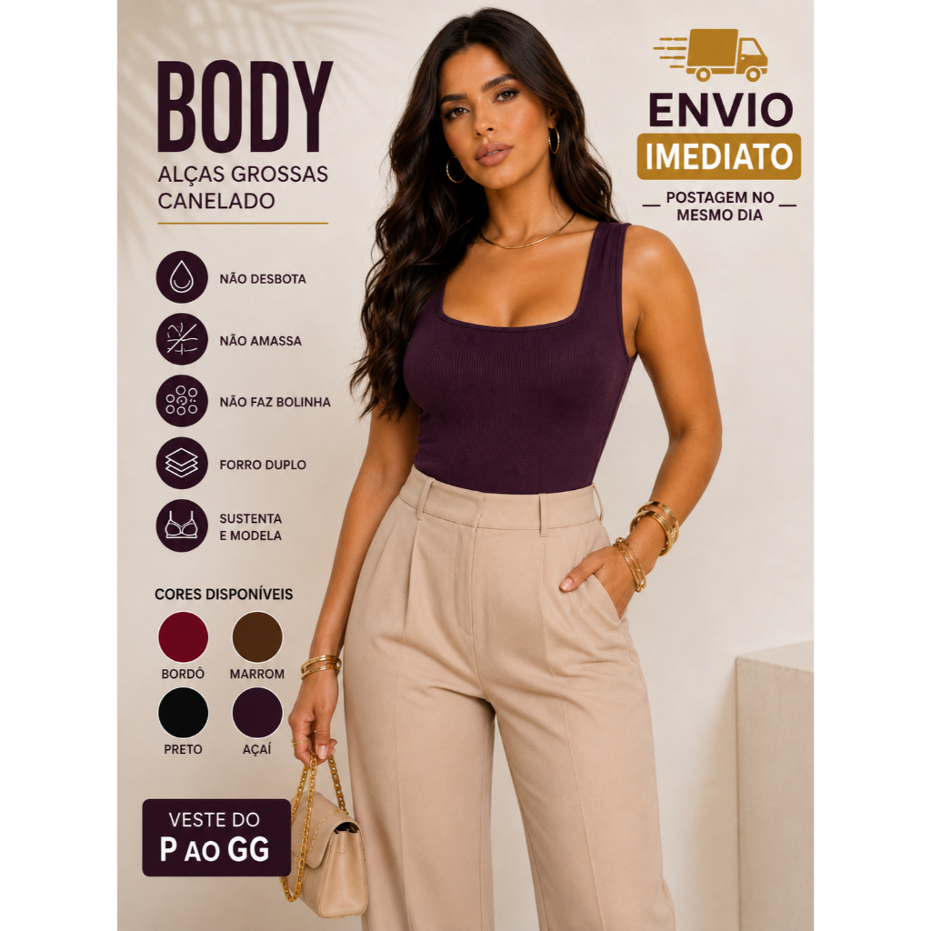 Body Feminino Regata Canelado Premium Decote Quadrado Alças Grossas Forro Duplo Modelador Elegante Básico P ao GG