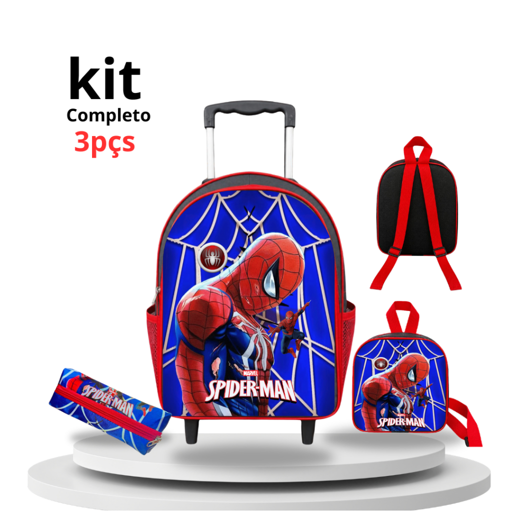 Kit Mochila Escolar Infantil  Carrinho e Rodinhas  Lancheira  Estojo 3 Peças  Homem-Aranha
