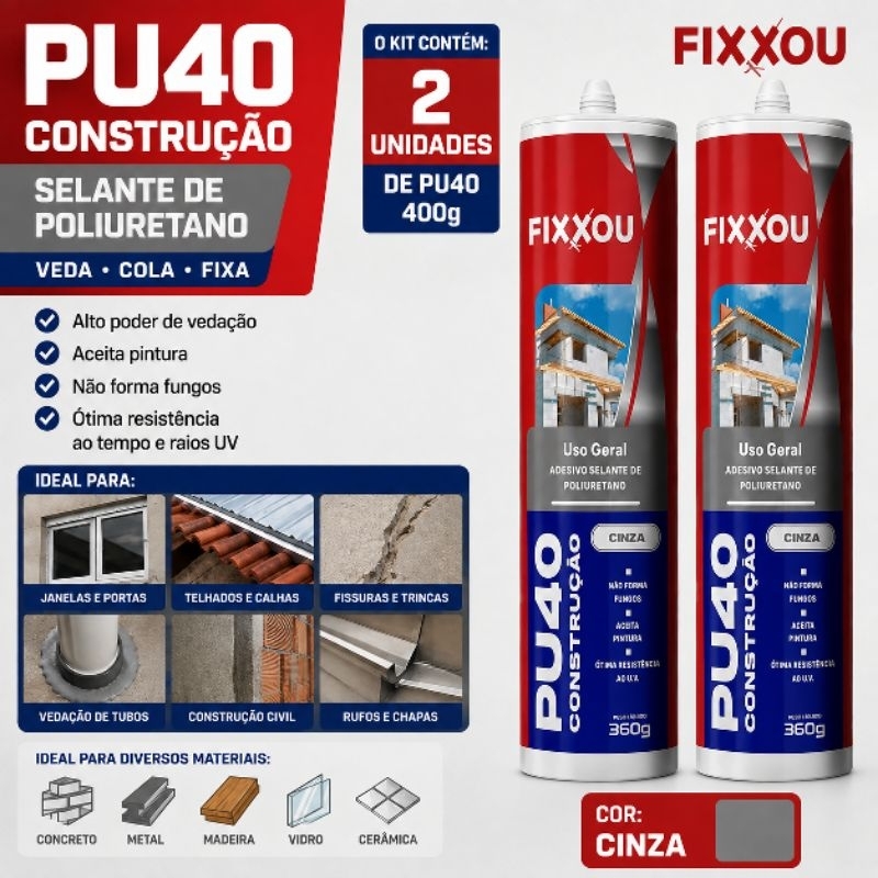 Kit 2 PU40 Construção Cinza 360g | Selante Poliuretano Vedação Calhas Rufos Esquadrias