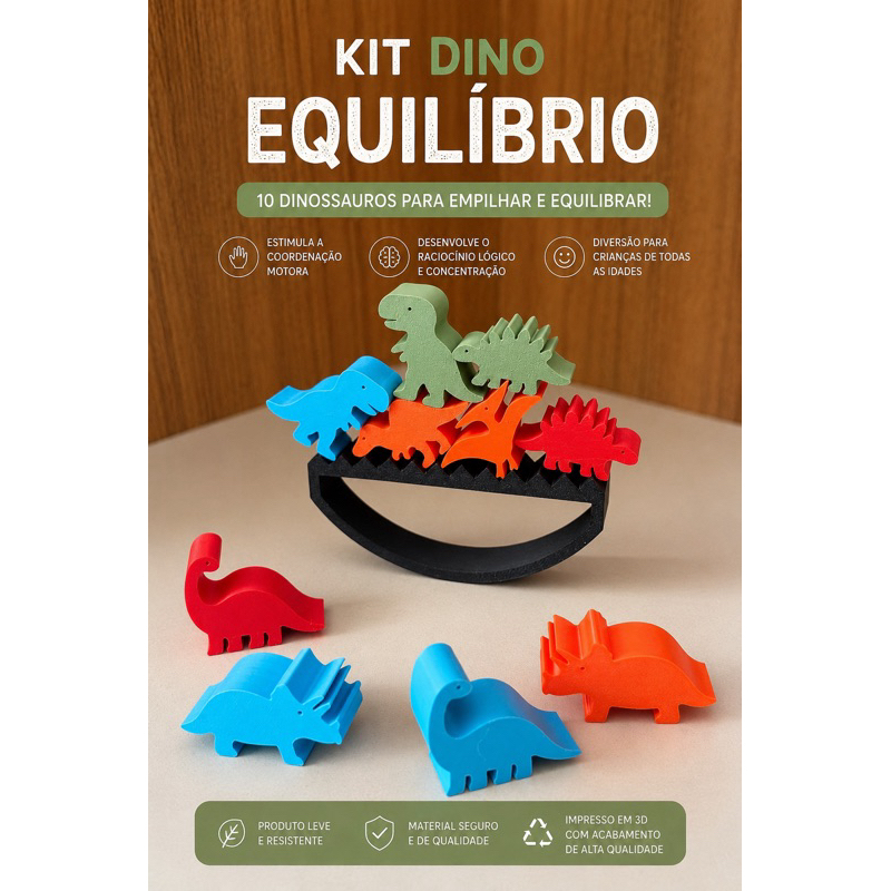 Kit Dino Equilíbrio com 10 Dinossauros | Brinquedo Educativo Sensorial Montessori