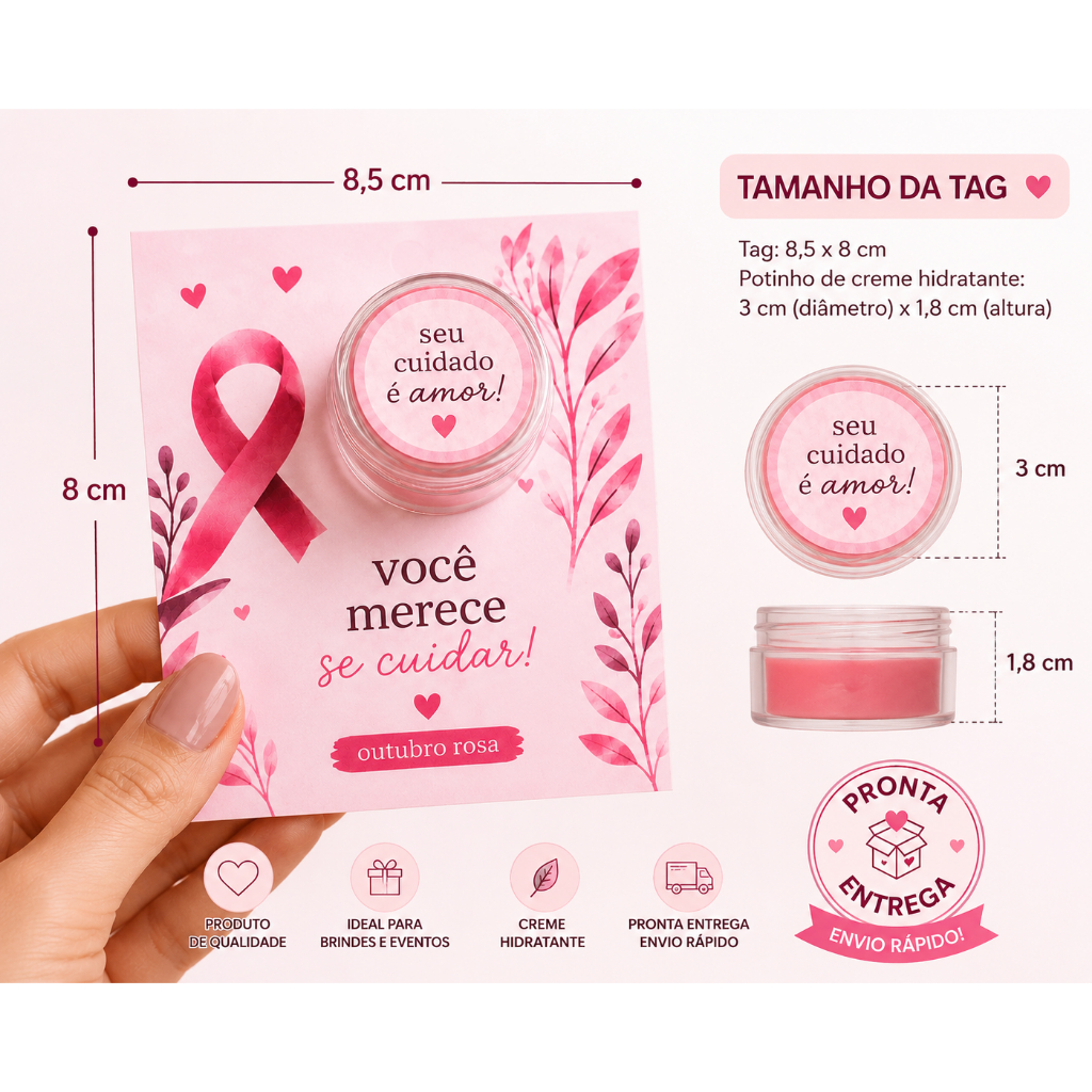 Tag Outubro Rosa com Potinho para Creme Hidratante | Lembrancinha para Empresas, Eventos e Campanhas | Pronta Entrega