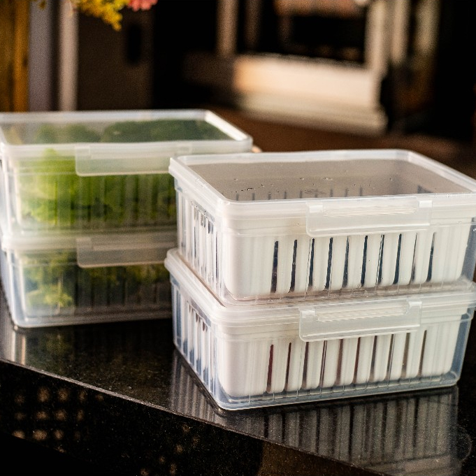 Kit Potes Organizadores com Escorredor e Tampa Geladeira Para Alimentos Vegetais Fruta Cozinha Armário Moderna