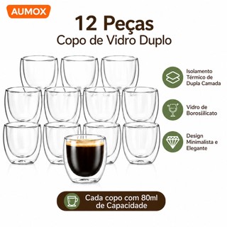 Jogo 12 Xícaras Café Expresso Parede Dupla 80ml - Copos de Vidro Borossilicato Térmico