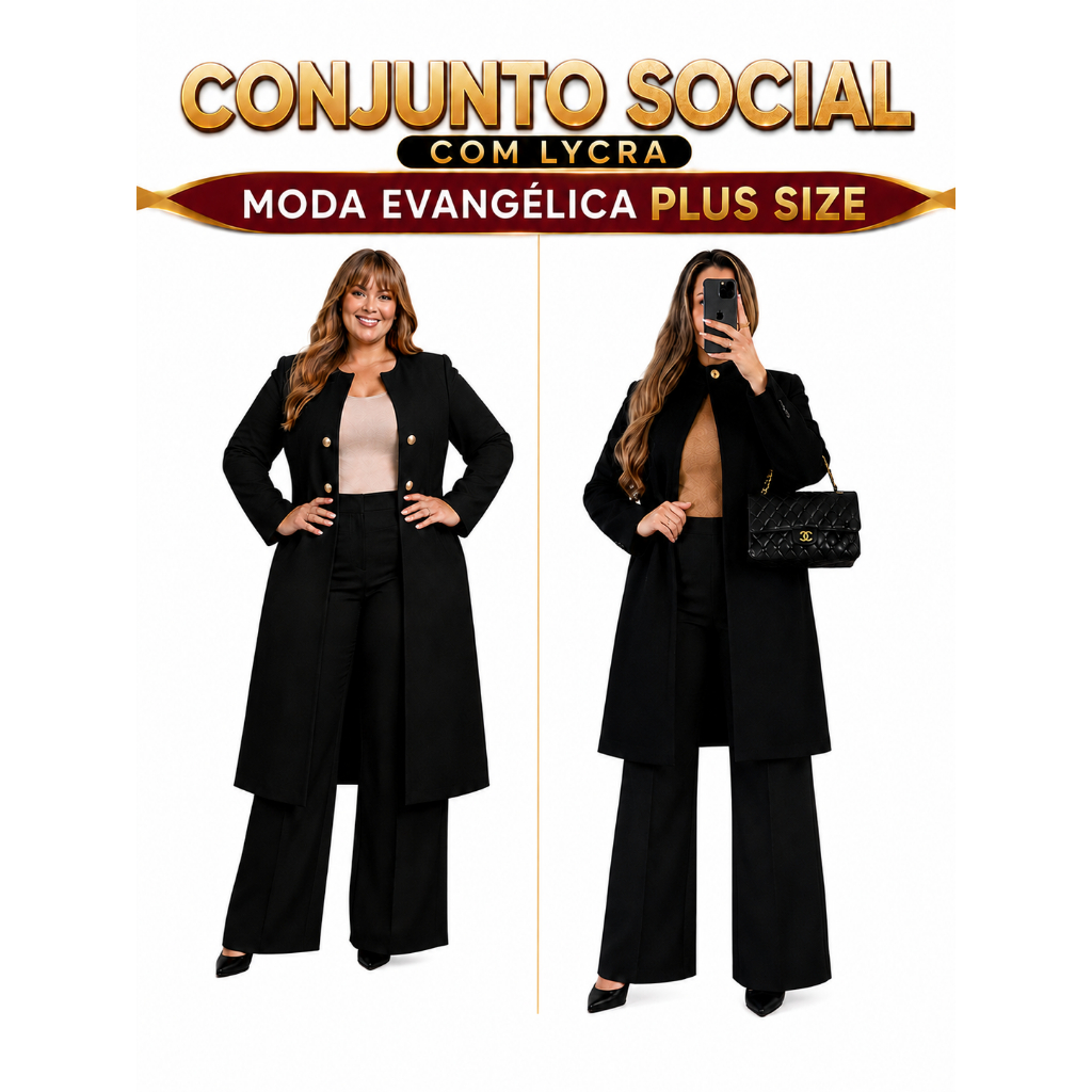 Conjunto Feminino Social Sobretudo Blazer e Calça Pantalona Elegante kit 2 peças Tendência Premium, Luxo, Exclusivo