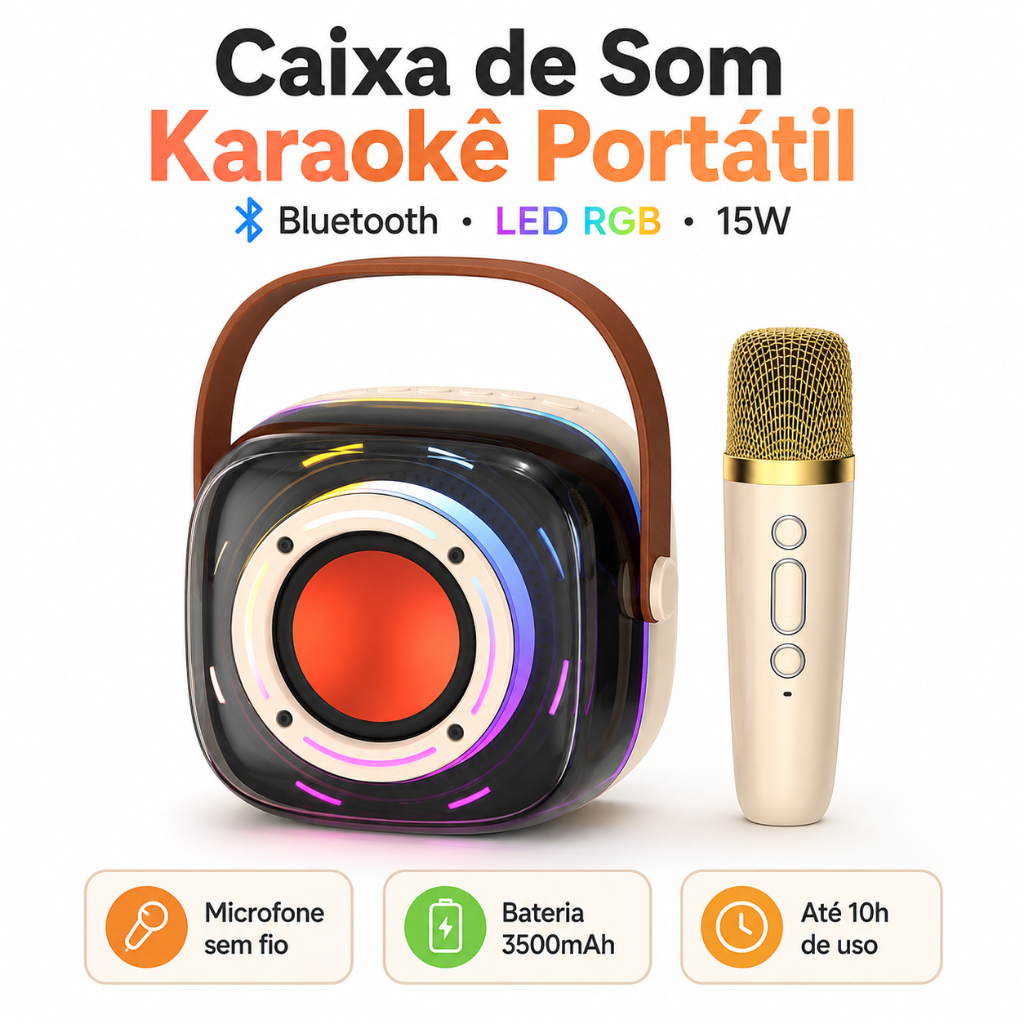 Caixa de Som Karaokê Bluetooth Portátil 15W com Microfone Sem Fio LED RGB Bateria 3500mAh