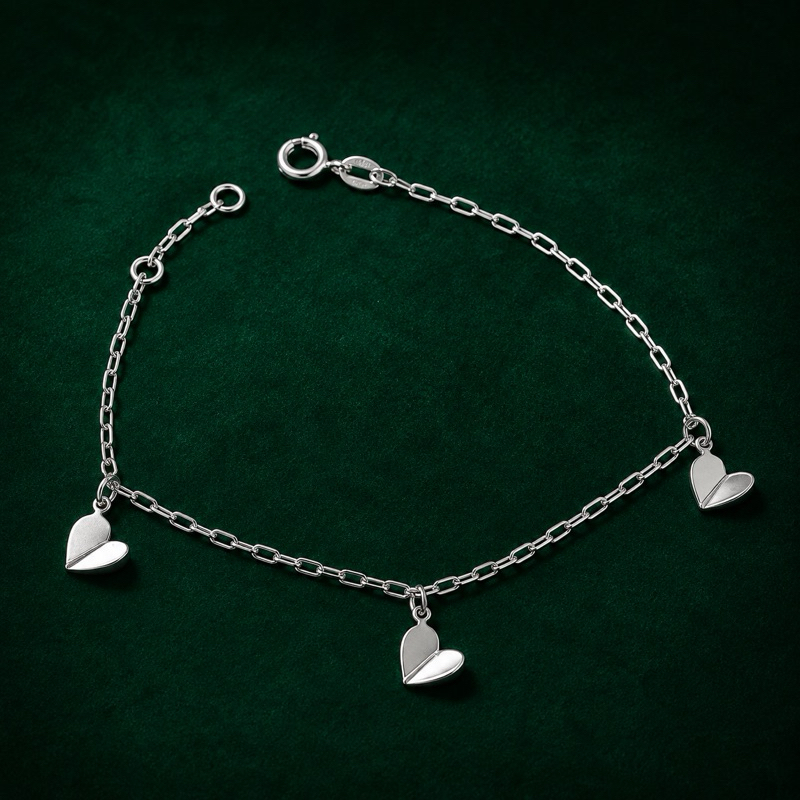 Pulseira Feminina Prata 925 Corações Geométricos Delicada