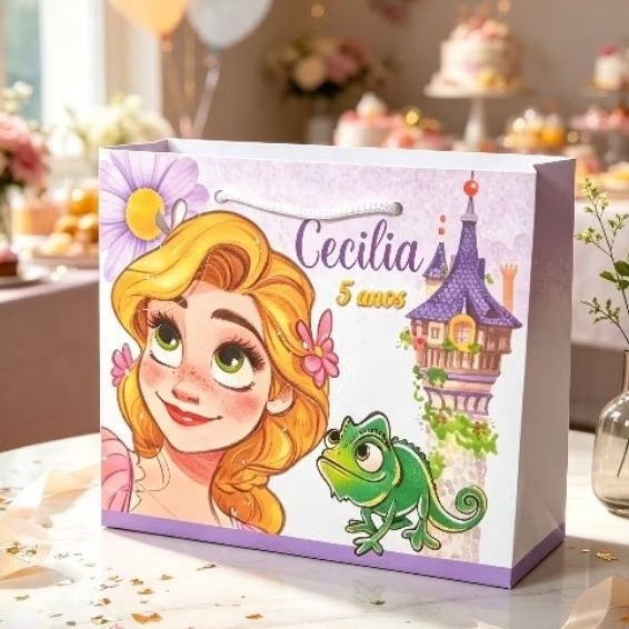 Sacolinha Rapunzel aquarela Personalizada, Lembrancinha Infantil | Papel Offset | Peg & Monte (Pegmont) | Festa Princesa
