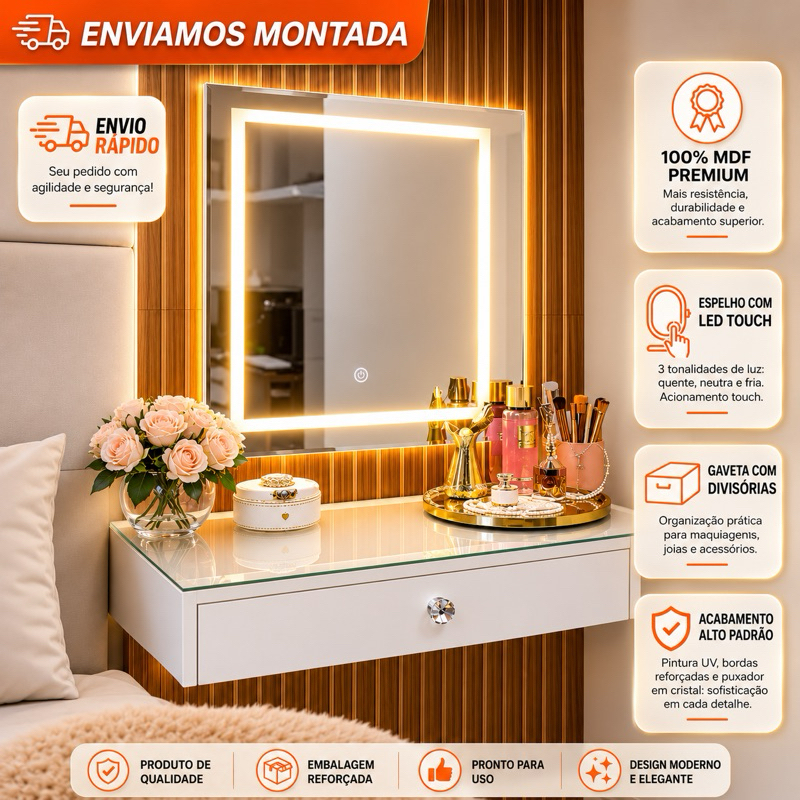 Penteadeira de Vidro C/Divisorias  Escrivaninha Camarim