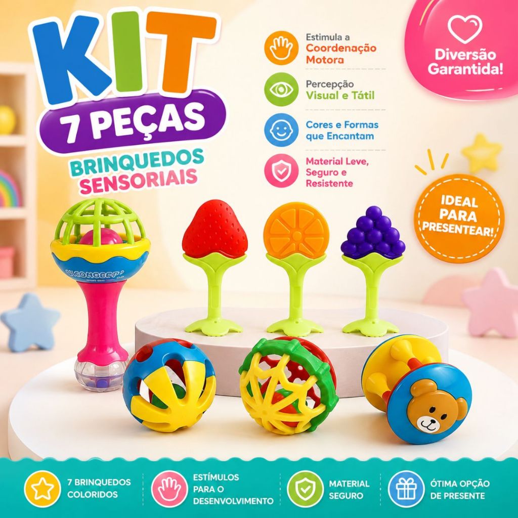 Kit 7 Brinquedos Infantis Sensoriais Bolinhas Guizo Maraca Frutinhas Coloridas Coordenação Motora
