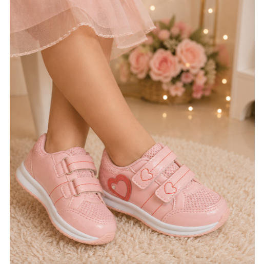 Tênis Infantil Menina Coração Rosa Confortável Com Velcro 