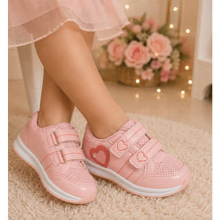 Tênis Infantil Menina Coração Rosa Confortável Com Velcro 