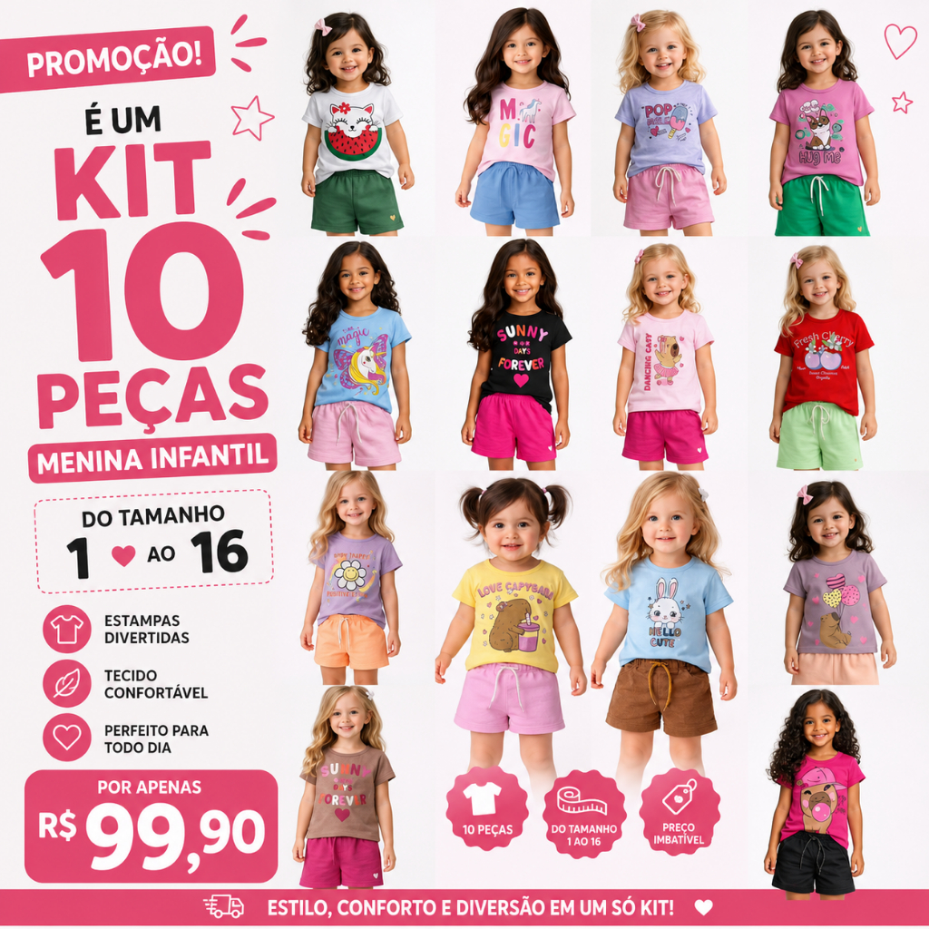 10 PEÇAS VERÃO MENINA 5 BLUSAS E 5 SHORTS CORES SORTIDAS
