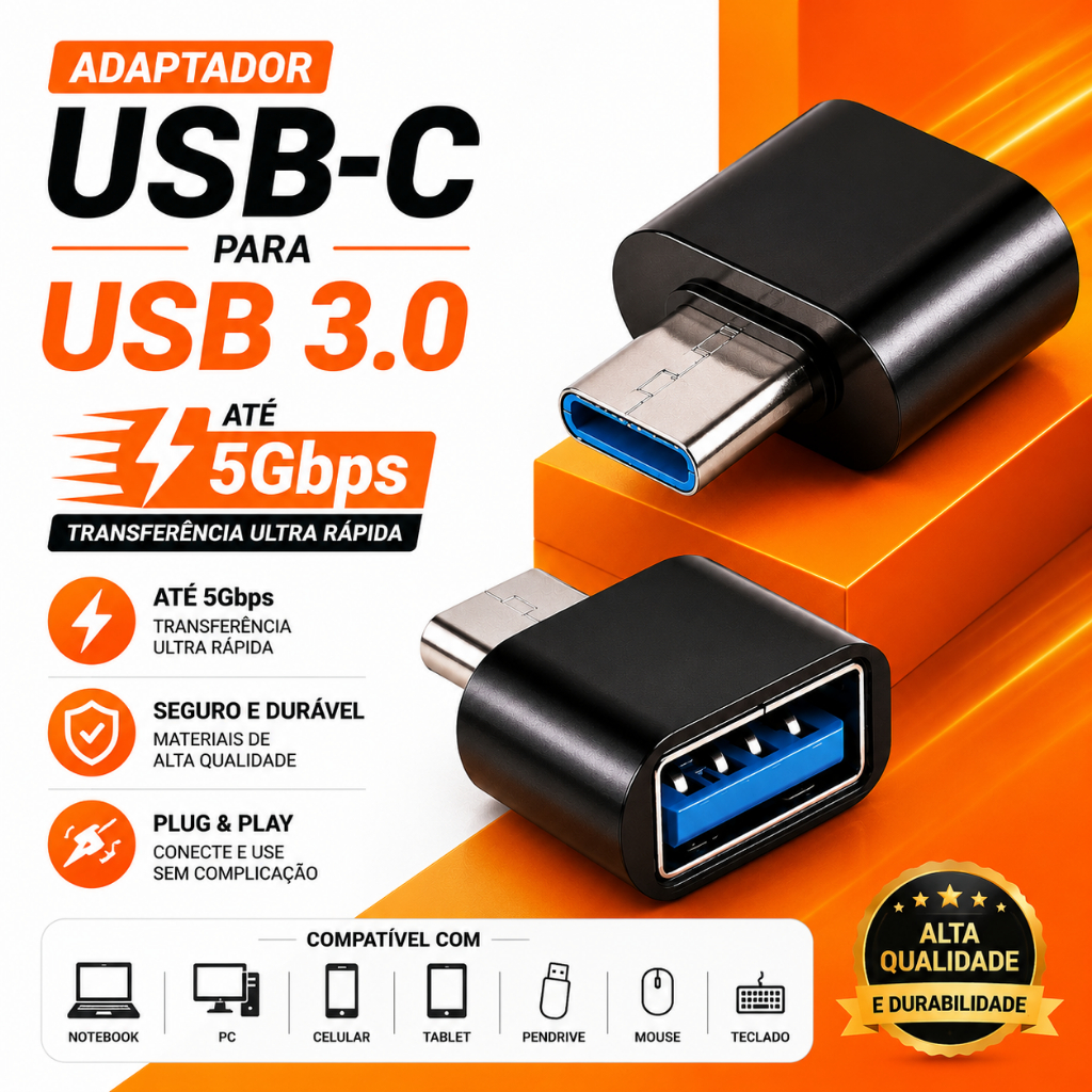 Adaptador OTG USB-C para USB-A USB 3.0 5Gbps Tipo C Android, Tablet e iPhone 15