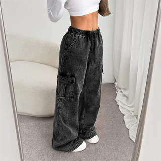 Calça Cargo Feminina Blogueira 6 Bolsos Skate Larga com Cordão Ajustável Cintura Alta Casual Streetw