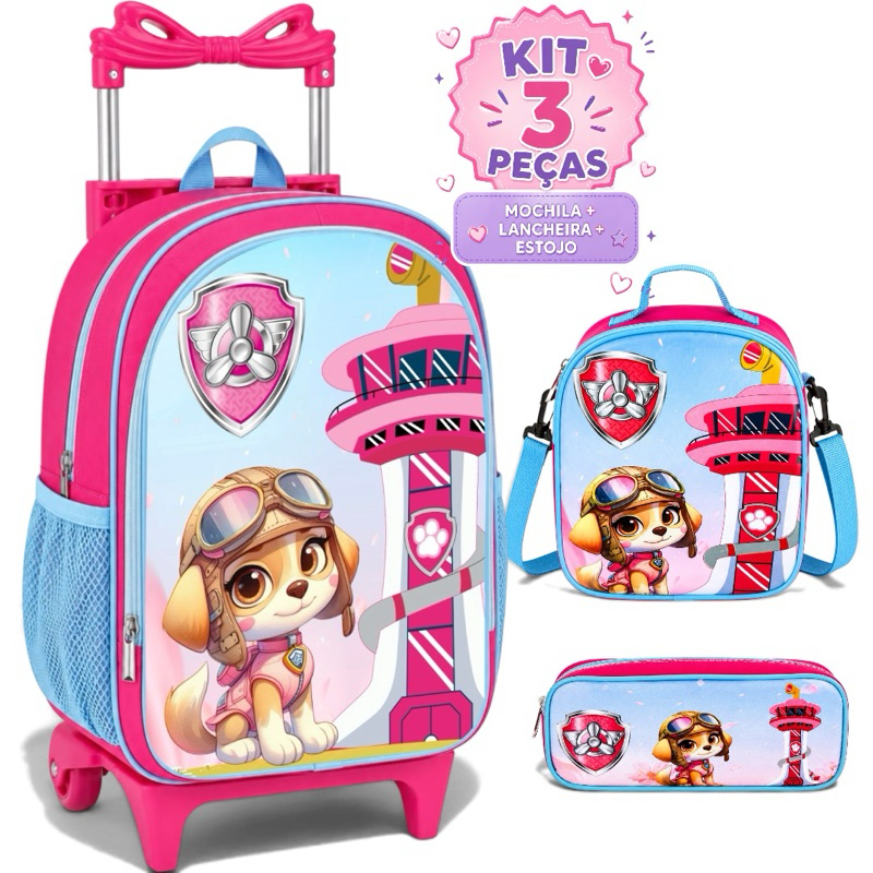 Kit Escolar Rodinha Skye Patrulha canina Mochila Forro Interno Lancheira Térmica + Estojo - Resistente