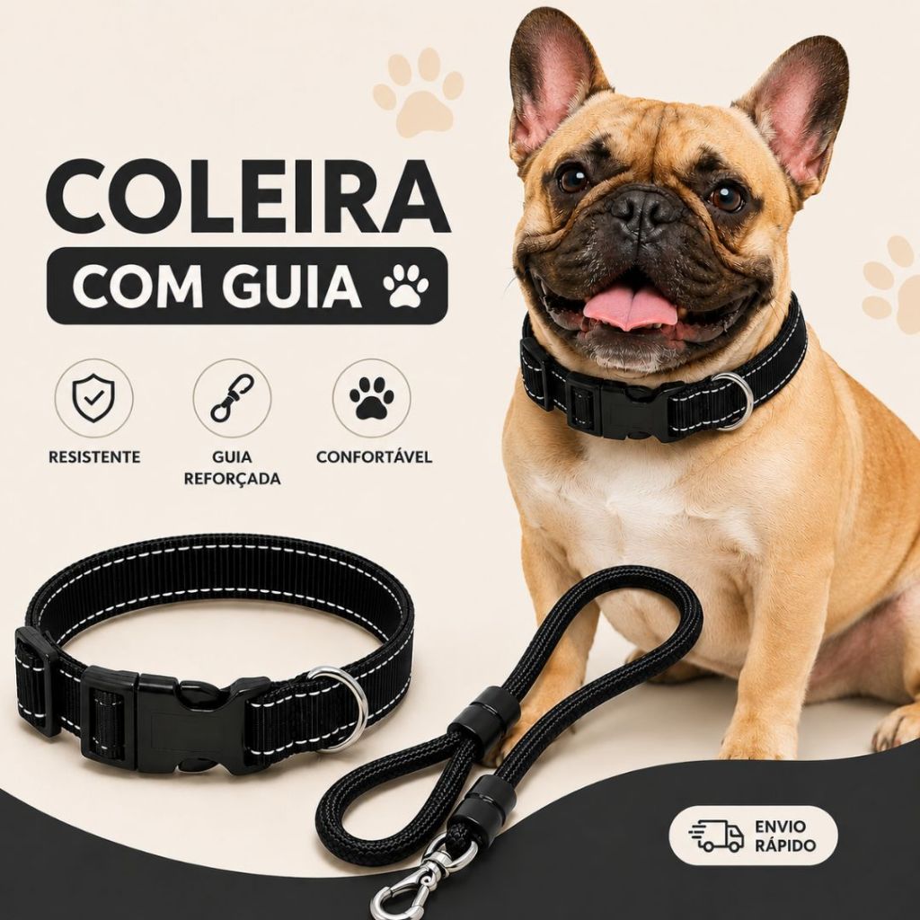 Kit Coleira ajustável com guia de passeio reforçada para cachorro pet