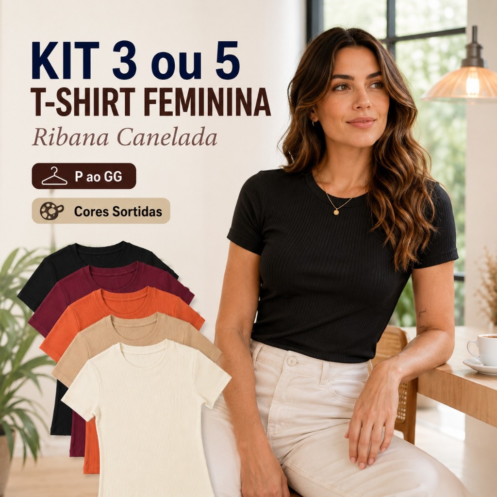 Kit 3 ou 5 Blusinhas Femininas Ribana Canelada Lisa Manga Curta Básica P ao GG Cores Sortidas Sem Estampa