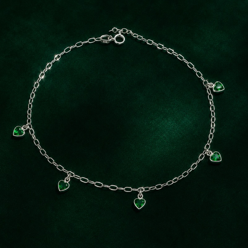 Tornozeleira Feminina Prata 925 Corações Verdes Elegante