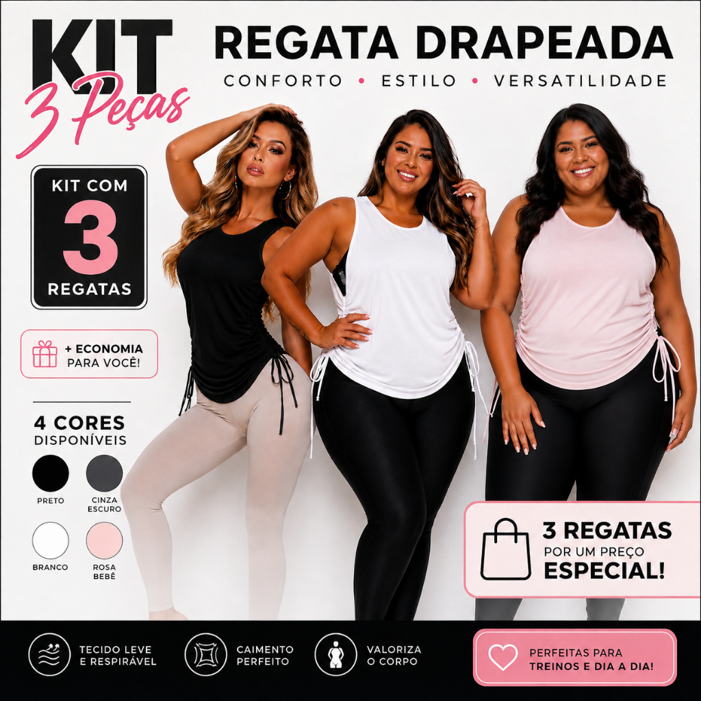 Kit 3 Regatas Dry Fit Feminina Academia Tapa Bumbum Ajustável Lateral | Fitness Conforto Premium Plus Size | P ao G3