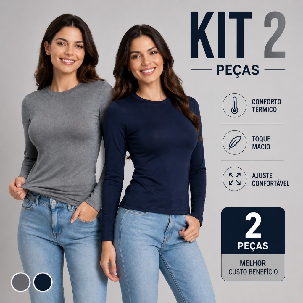 Kit 2 Blusa Feminina Térmica Manga Longa Lisa Básica para o Frio Confortável