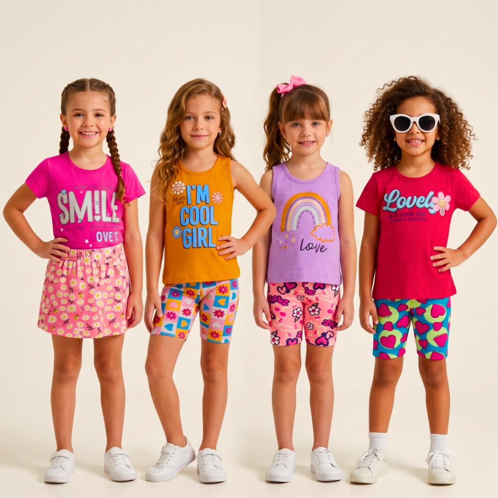 Kit 12 Peças Conjunto Verão Menina 6 Camiseta e 6 Bermuda Short Ciclista Roupa Infantil Feminina Algodão Cotton 1 ao 16