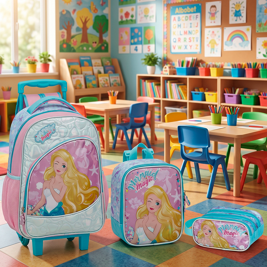 Kit Mochila de Rodinha + Lancheira + Estojo Infantil Menina Escolar Sereia Criança Bolsa Feminino