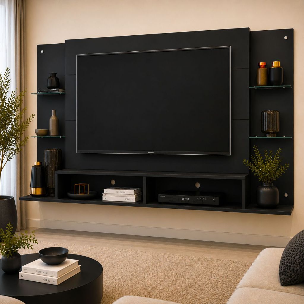 Painel TV 60" c/ prateleiras de vidro Nairóbi Multimóveis Preto