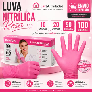 Luva Nitrílica Rosa Premium Sem Pó 100 Unidades Alta Qualidade e Resistência