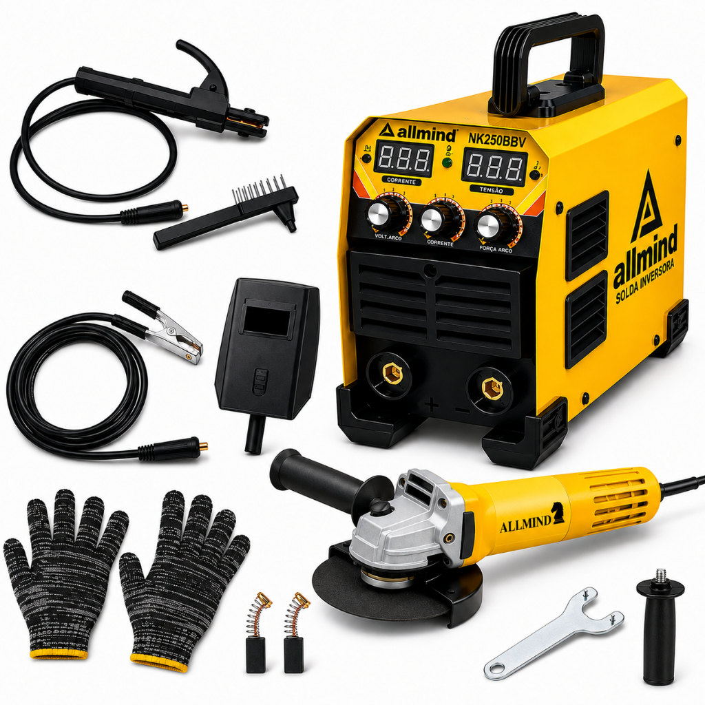 Kit Completo Solda Inversora Mini 250A Bivolt + Esmerilhadeira Angular Portátil