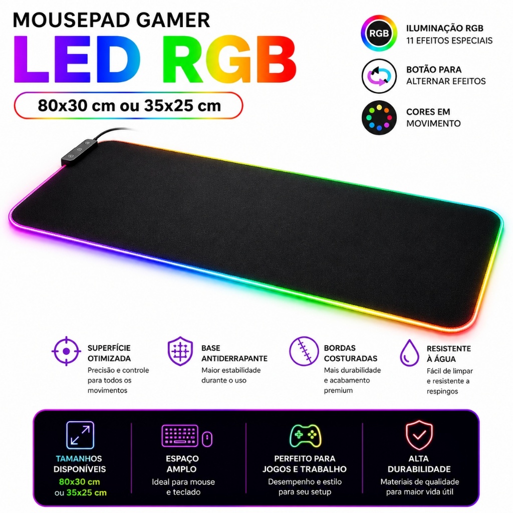Mouse Pad Gamer LED RGB 80x30 Grande Iluminado 11 Modos Efeitos Antiderrapante Setup Gamer