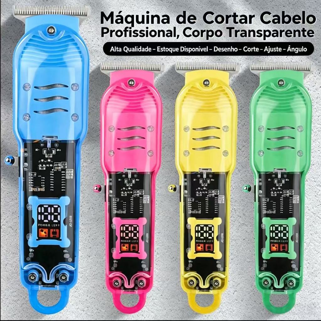Máquina de Cortar Cabelo Profissional Sem Fio LCD transparente– Barbeador Elétrico Transparente para Homens MM