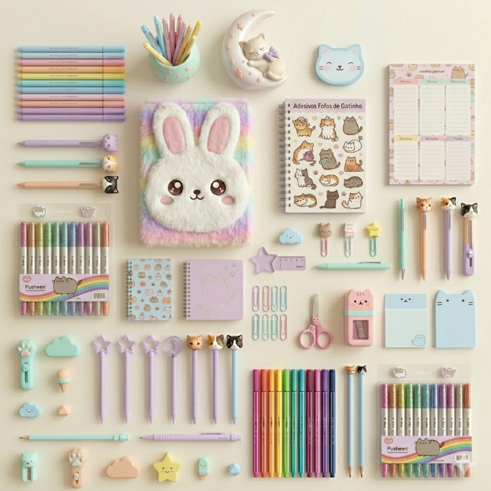 Papelaria - KIT 70 itens de papelaria fofa - - Material escolar - Carder inteligente