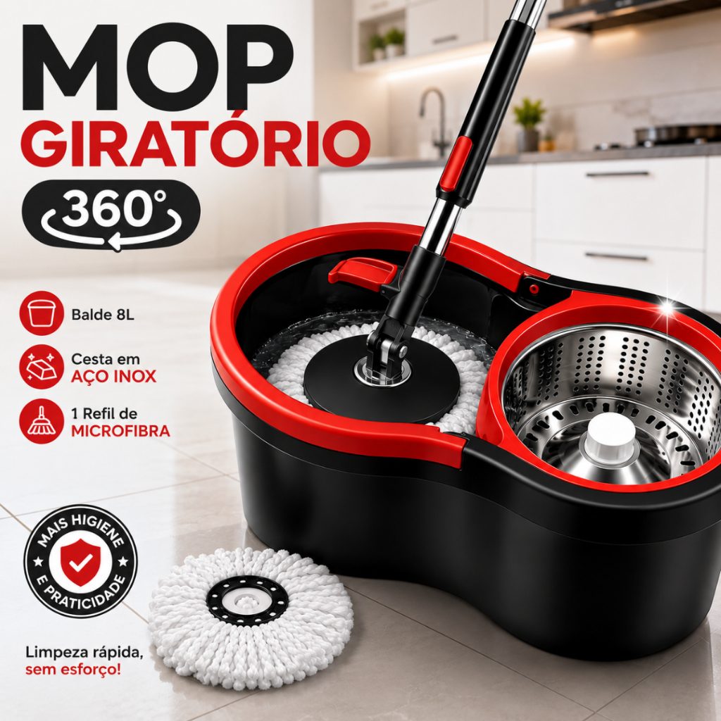 Mop Giratório Profissional com Balde Centrífuga 13L 1 Refis Microfibra e Cabo Reforçado 1,40m