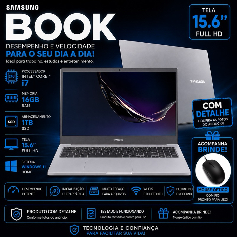 Notebook Samsung Book Intel Core i7 16GB RAM 1TB SSD 15,6” Full HD Windows 11 Co